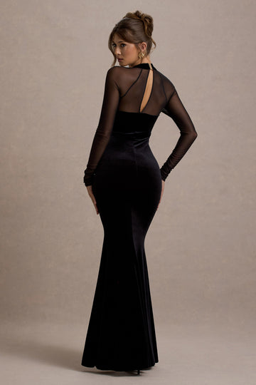 Apres Black Velvet Bodycon Split Maxi Dress With Sheer Sleeves